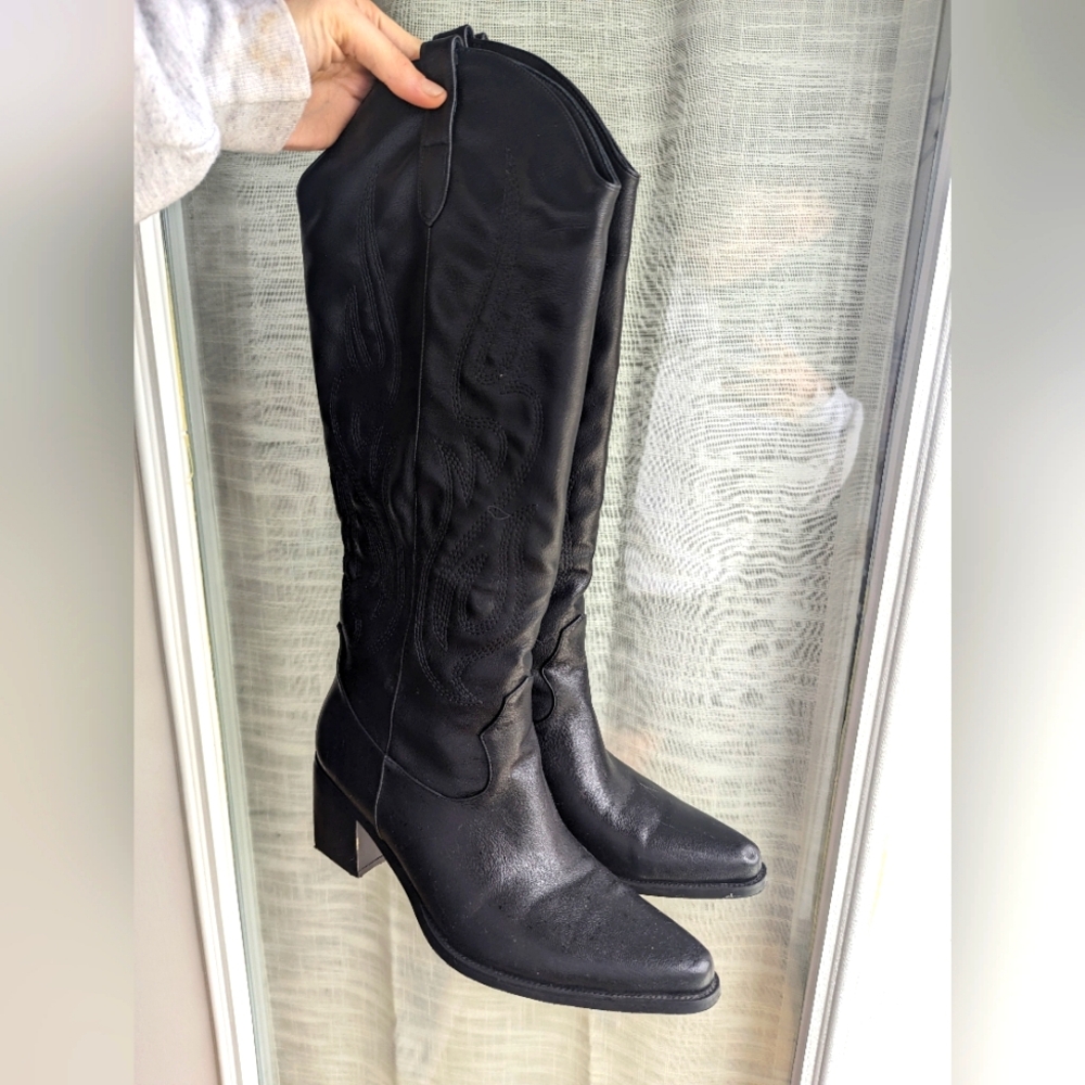 Black Faux Leather Cowboy Boots